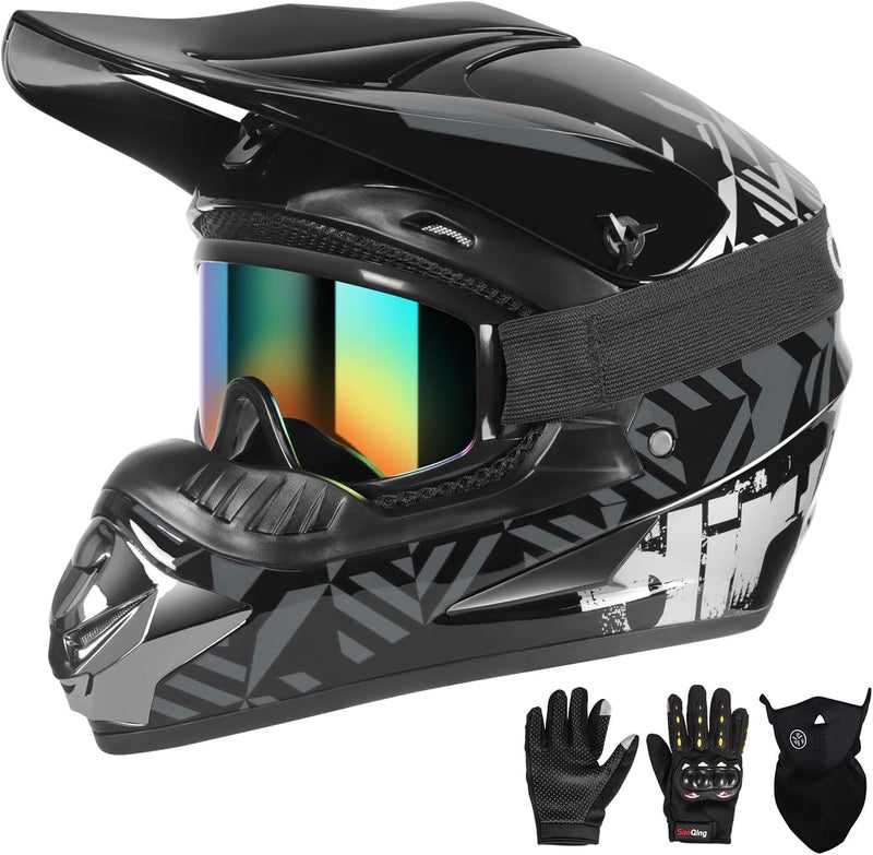 Spark DOT Youth Motocross Helmet Kids Dirt Bike Helmets - Full Face, Lightweight & Breathable for Off-Road E-Bike BMX MX ATV (with Gloves Goggles Mask) 4Pcs Set, Large(59-60cm), Grey - Image 1